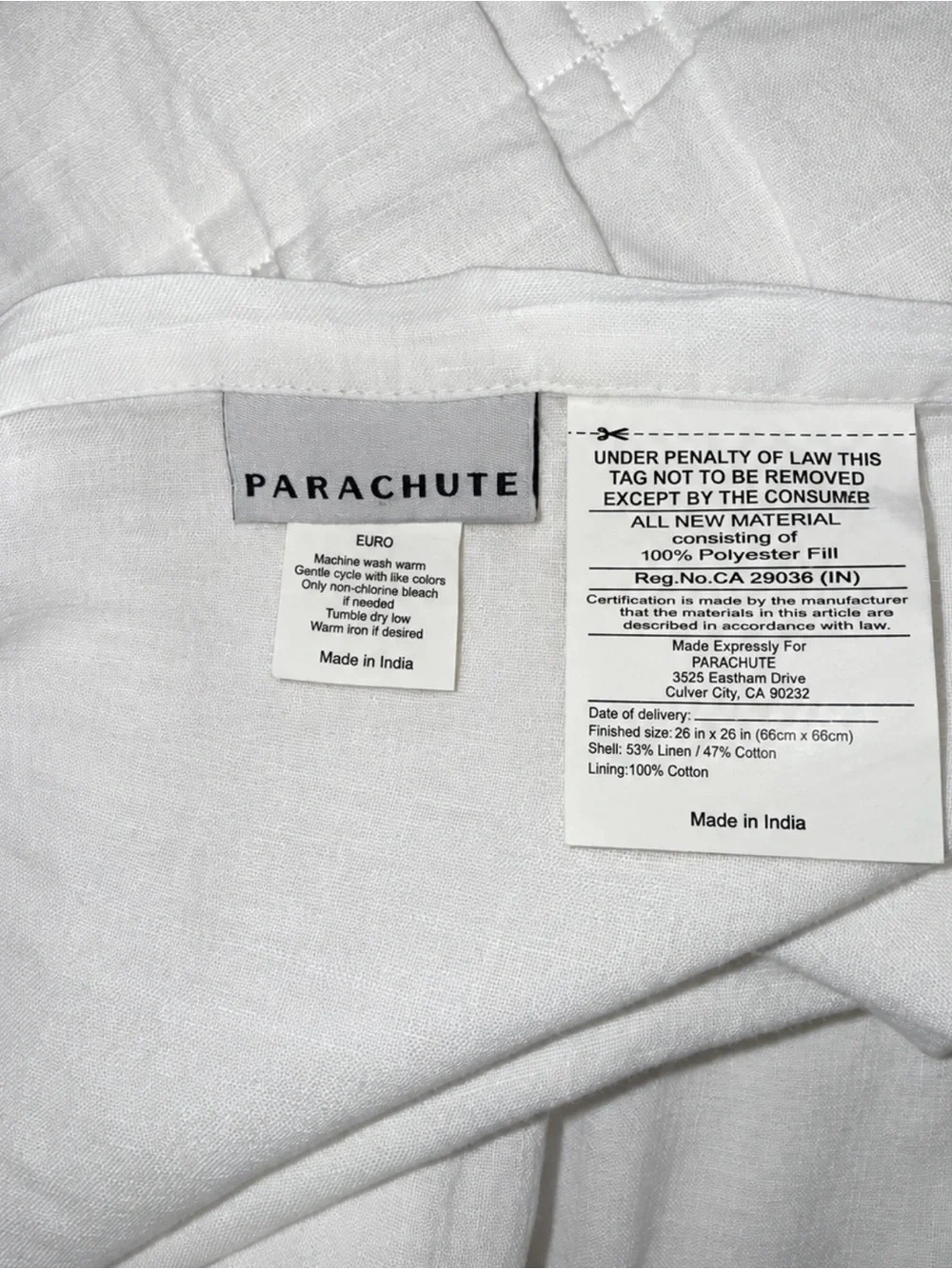 Parachute linen box quilted Euro sham set of 2 white 26x26” pristine immaculate